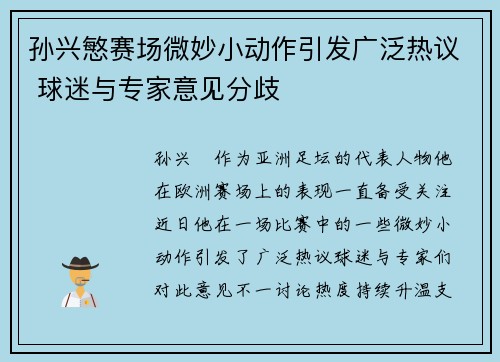 孙兴慜赛场微妙小动作引发广泛热议 球迷与专家意见分歧 孙兴慜赛场微妙小动作引发广泛热议 球迷与专家意见分歧