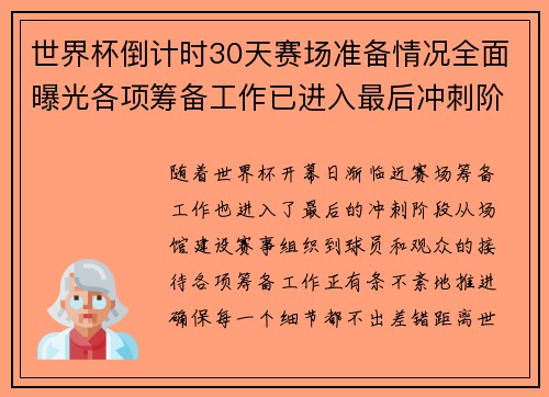 世界杯倒计时30天赛场准备情况全面曝光各项筹备工作已进入最后冲刺阶段